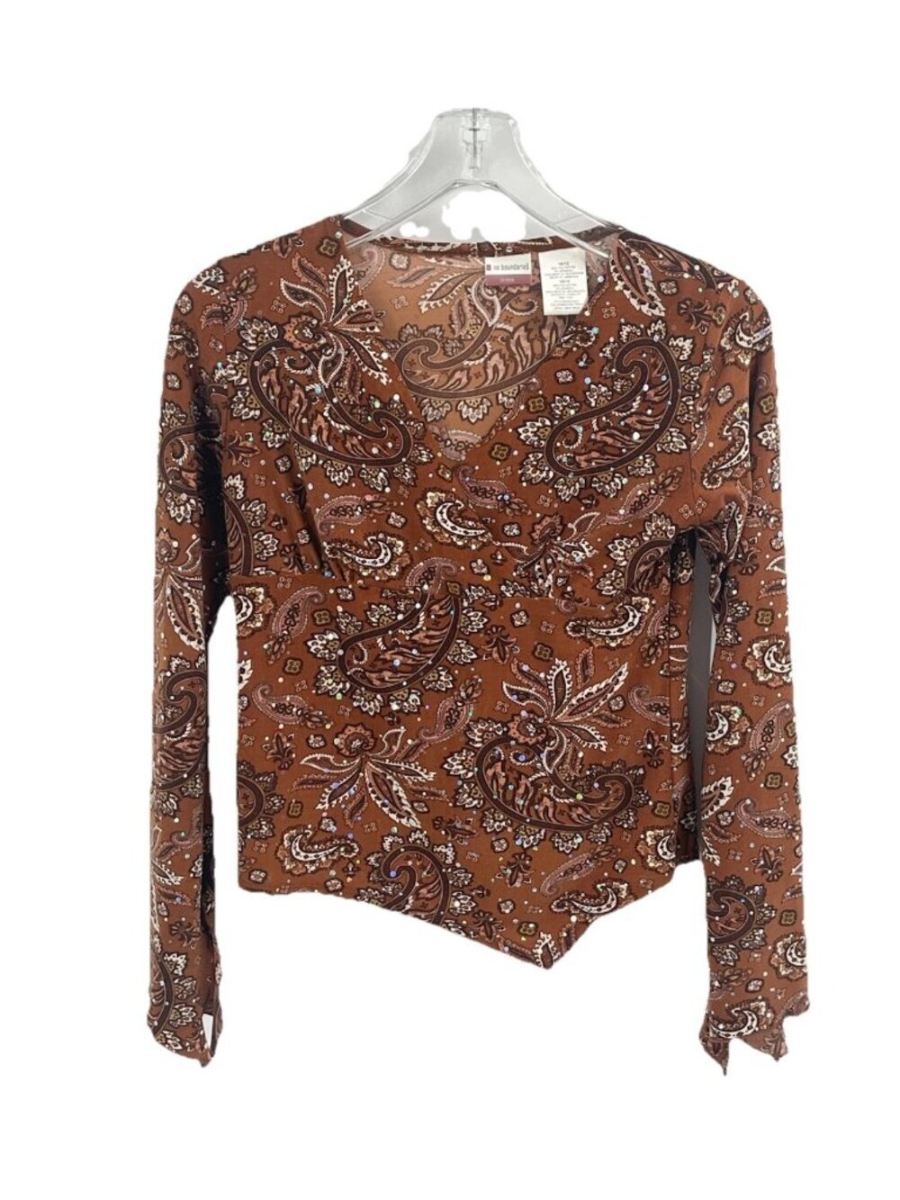 No Boundaries Brown Paisley Rhinestone Top Y2K Boho Fairy Grunge Long Sleeve S